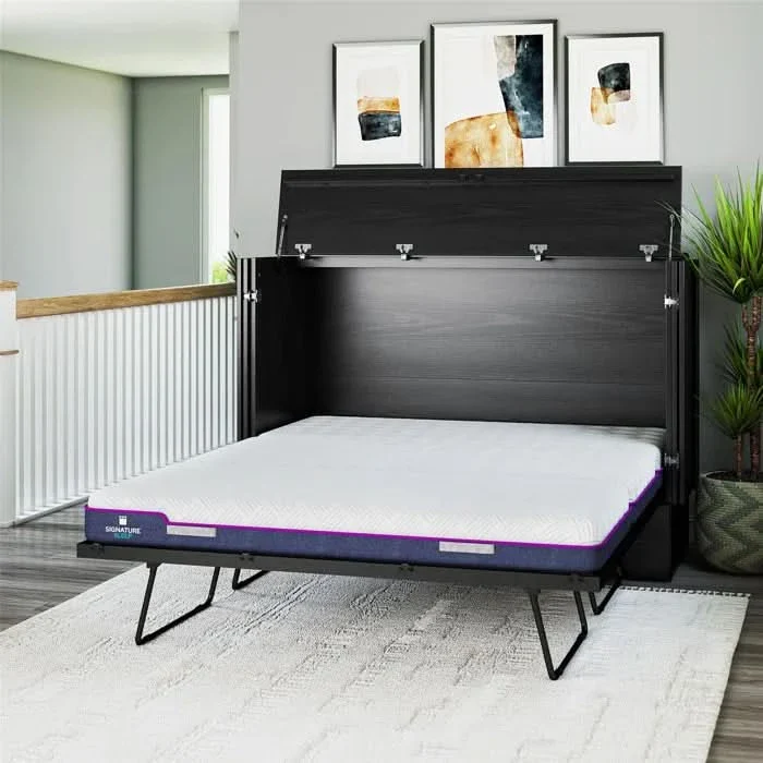 Queen Trifold Cabinet Murphy Bed with Memory Foam Mattress and Storage Drawers