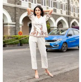 Women Cotton Stylish Thread Work Top & Bottom Set