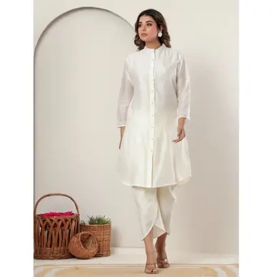 Ivory Chanderi Silk Apple cut Kurta Set for Women with Embroidered Buttons & Tulip Pants