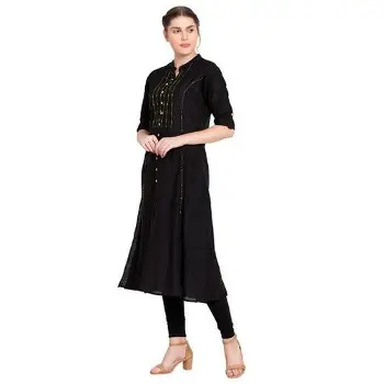 Black Cotton Hand Embroidered Kurta