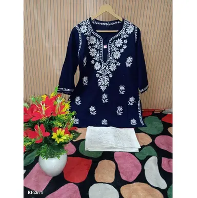 Authentic Chickankari Handwork Premium Cotton Short Top And Cotton Lycra Pant Set