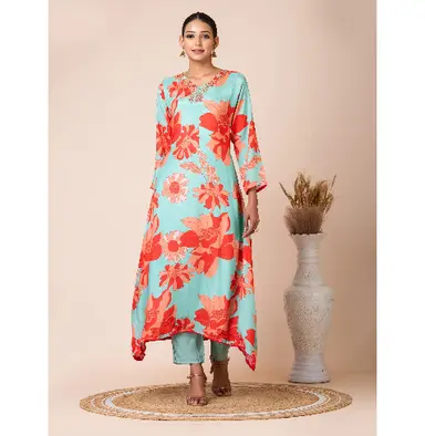 Elegant Turquoise Floral Handwork Kurta Set by Sarso