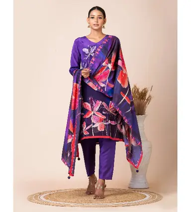 Vibrant Purple Floral Kurta Set with Bold Dupatta