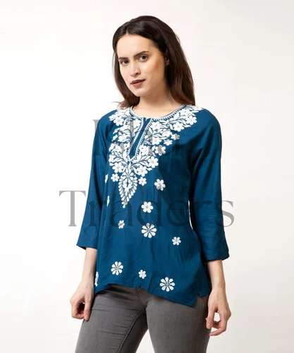 Embroidered Floral Motif Short Kurti - Rayon Comfort for Everyday Elegance