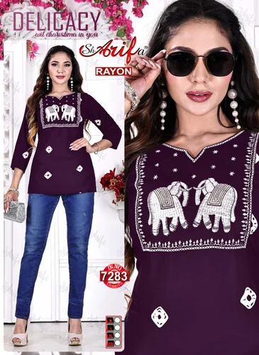 Embroidered Elephant Motif Rayon Short Kurti