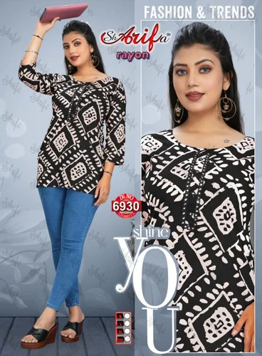 Sharifa Rayon Geometric Print Short Kurti - Women's Casual Ethnic Wear