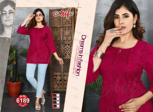 Sharifa Rayon Short Kurti with Handwork - Wholesale Readymade Tops for Women