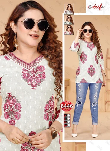 Sharifa Rayon Short Kurti with Floral Print and Embroidered Neckline