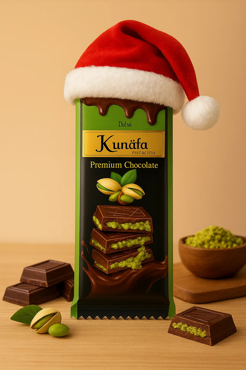 Ahuja Mart Christmas Special Premium Pistachio Kunafa Chocolate Bar 100G